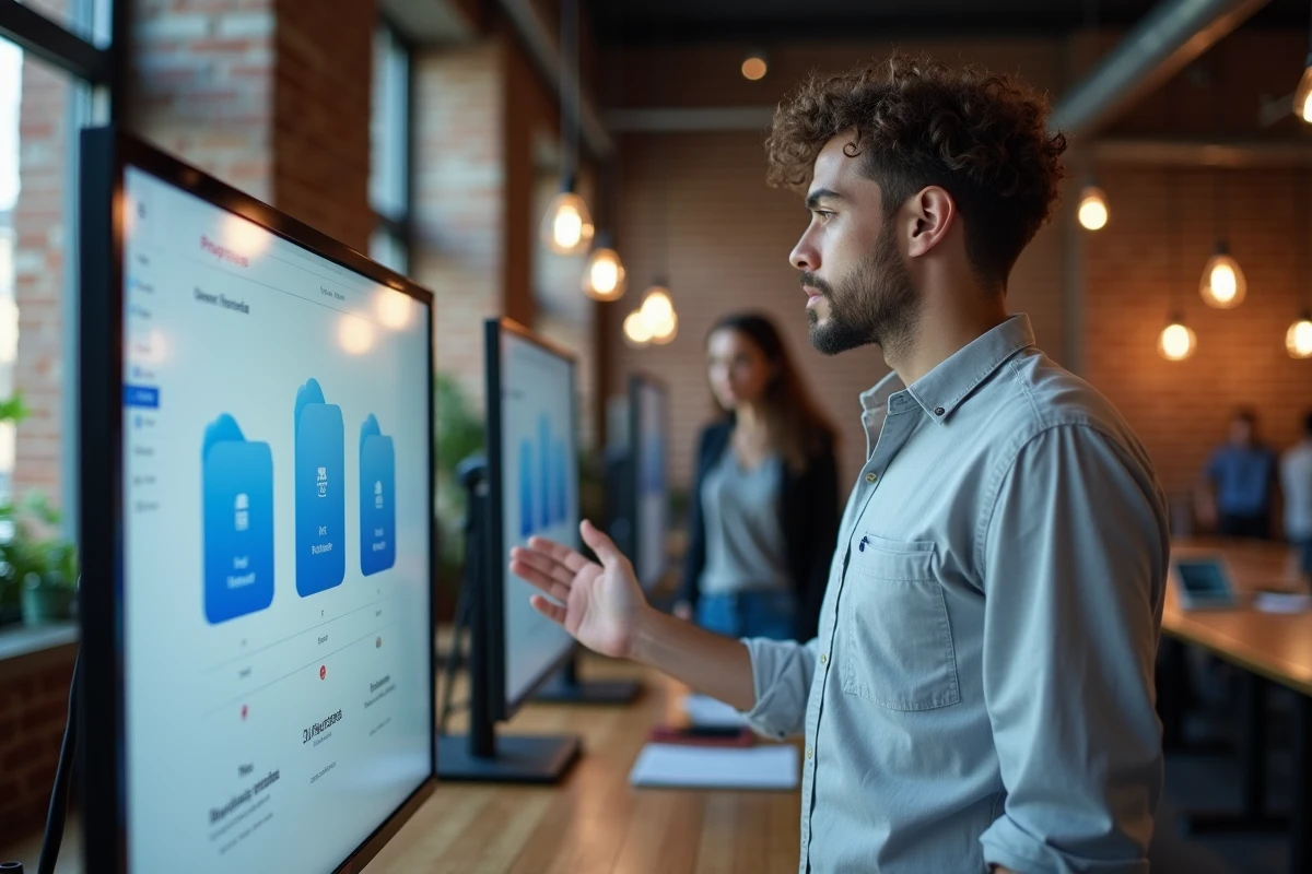 Professionnel présentant un tableau de bord de sauvegarde cloud dans un studio créatif moderne