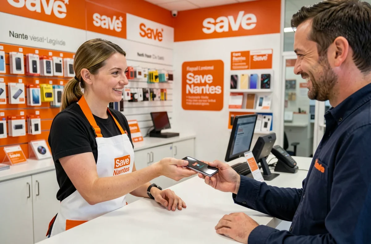 Technicienne Save Nantes remettant un iPhone réparé à un client satisfait dans la boutique Save