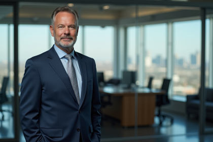 Scientifique homme en costume devant le siège de la NASA