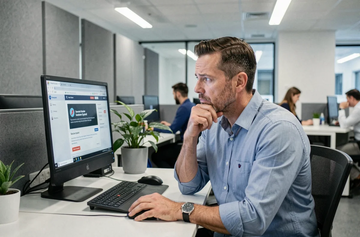 Employé perplexe devant un message de session expirée sur une interface webmail en open space