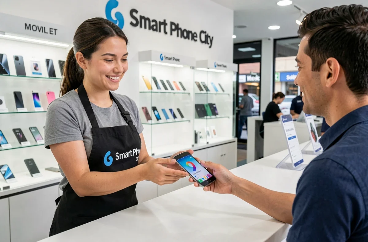 Technicienne de Smart Phone City remettant un smartphone réparé à un client satisfait