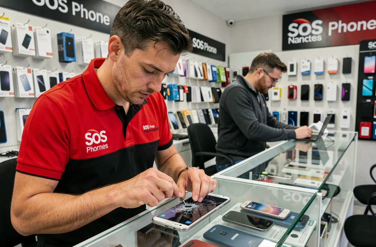 Technicien SOS Phone Nantes remplaçant rapidement un écran cassé de Samsung en boutique