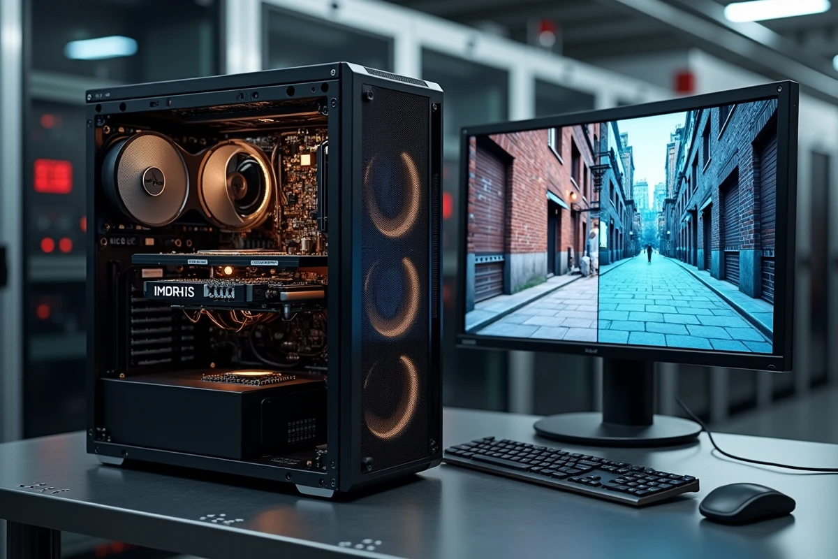 Station de travail GPU haute performance dédiée au rendu de scènes complexes par Neural Radiance Fields dans une salle de serveurs professionnelle