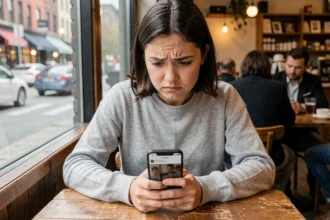 Jeune femme confuse regardant un message Story indisponible sur Instagram dans un café