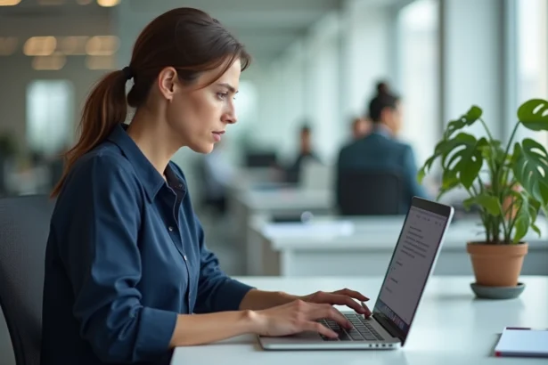 Femme utilisant un service de support en ligne via une webapp sur son ordinateur portable dans un bureau moderne