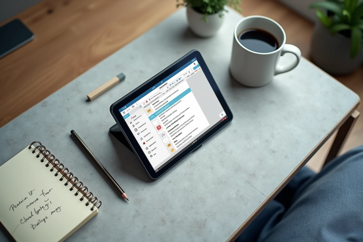 Vue de dessus d'une tablette affichant un outil gratuit de suppression de pages PDF sur un bureau