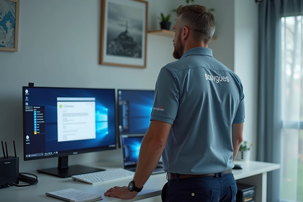 Technicien en train de diagnostiquer le code erreur F3411 Bouygues sur Smart TV et décodeur dans un bureau