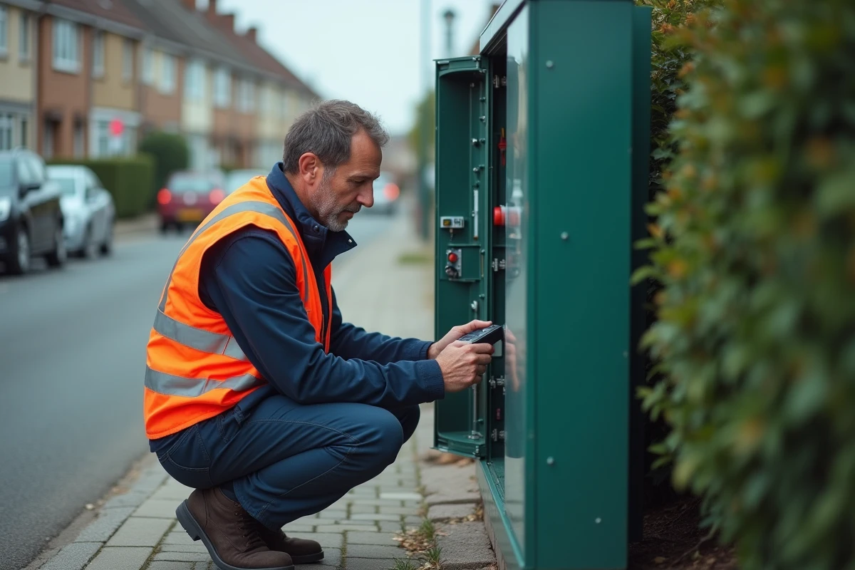 Technicien SFR inspectant une armoire de distribution télécom en zone pavillonnaire non couverte par la fibre