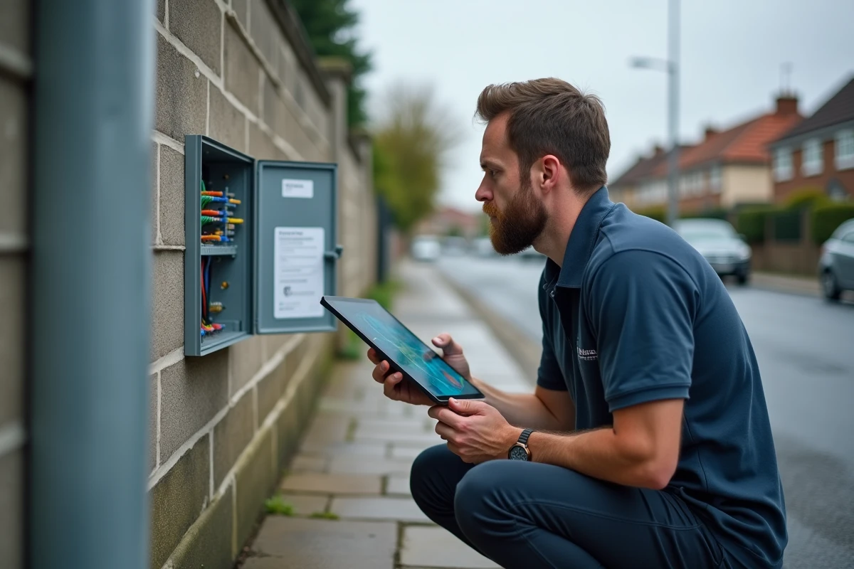 Technicien fibre SFR vérifiant la couverture réseau sur une tablette devant un boîtier de distribution extérieur