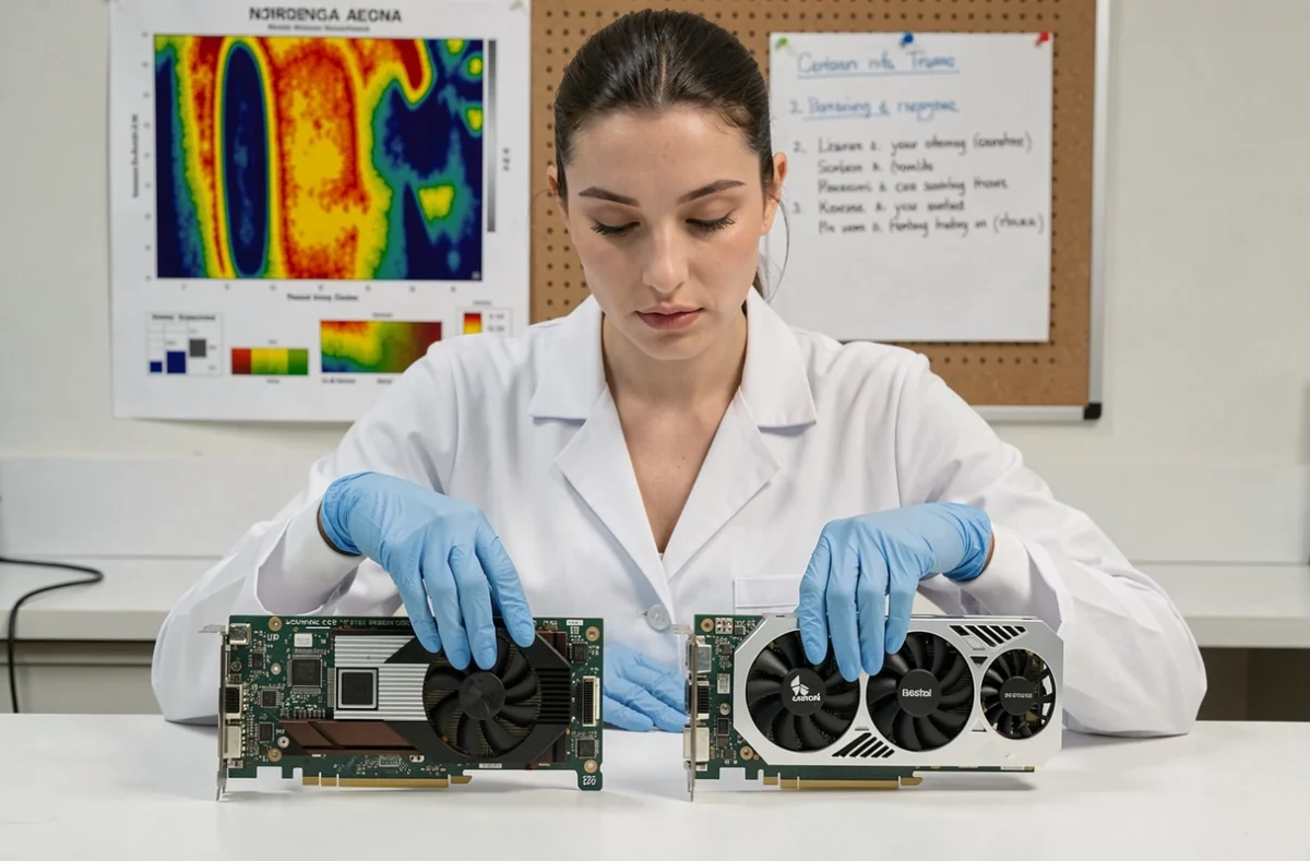 Technicienne comparant deux cartes graphiques désassemblées dans un laboratoire, analyse pâte thermique professionnelle versus grand public