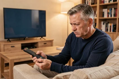 Homme tenant une télécommande Free qui ne fonctionne pas devant un téléviseur éteint dans un salon