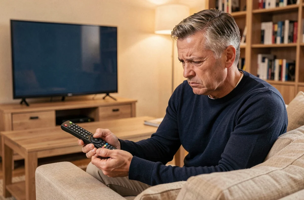 Homme tenant une télécommande Free qui ne fonctionne pas devant un téléviseur éteint dans un salon