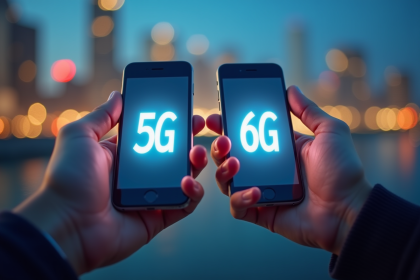 Deux mains tenant des smartphones lumineux avec 5G et 6G en ville