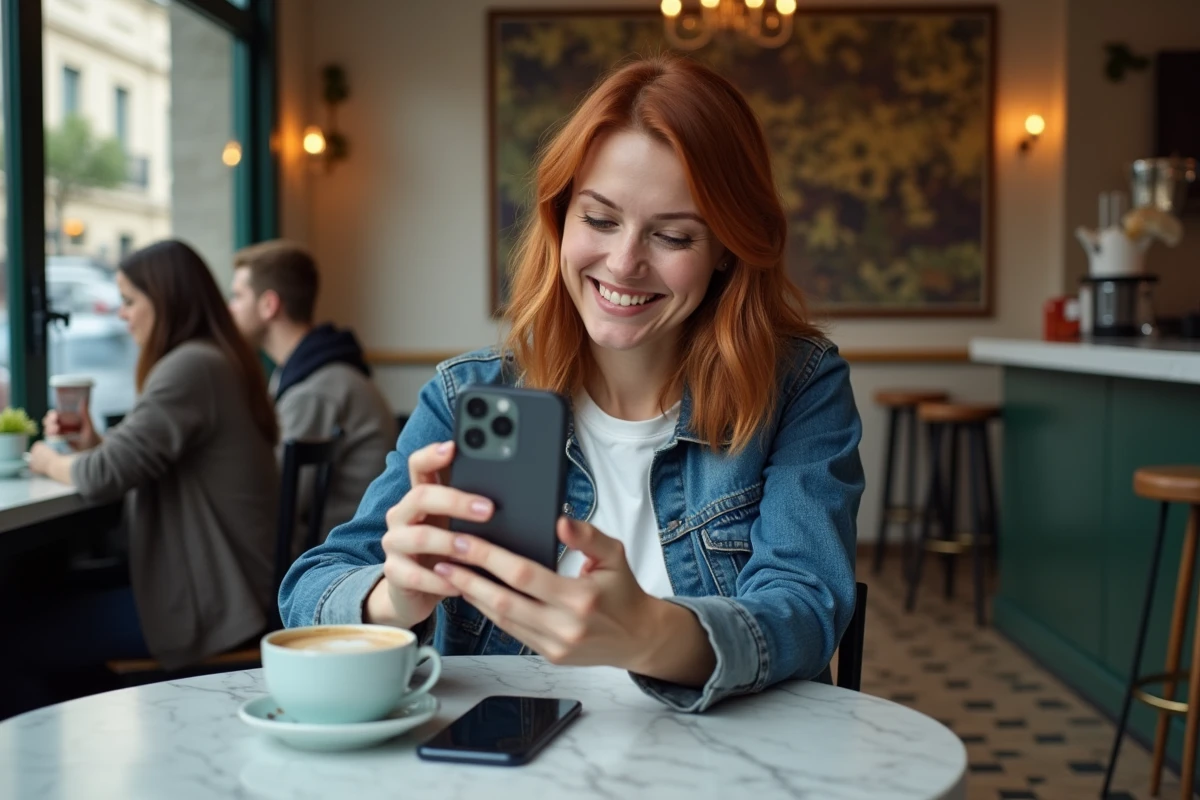 Femme testant la qualité photo d'un smartphone dans un café parisien, comparaison de deux téléphones sur une table