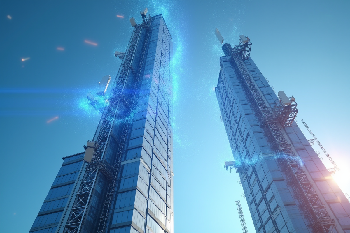 Tours de communication 5G et 6G avec traînées lumineuses dynamiques