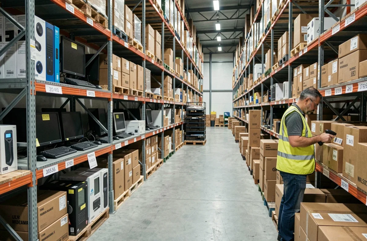 Entrepôt grossiste Trade Discount Marseille rempli d'ordinateurs et matériel informatique reconditionné en stock