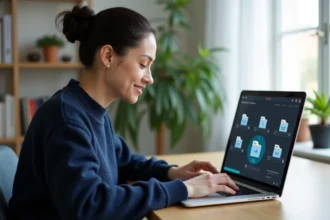 Femme organisant des fichiers volumineux sur un laptop avec interface de transfert de données visible