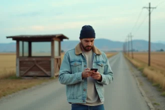 Homme en veste en denim et bonnet regardant son smartphone dans la campagne