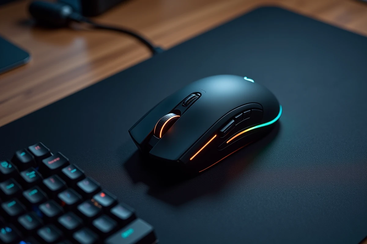 Vue du dessus d'une souris gaming sans fil posée sur un tapis de souris gaming avec clavier mécanique