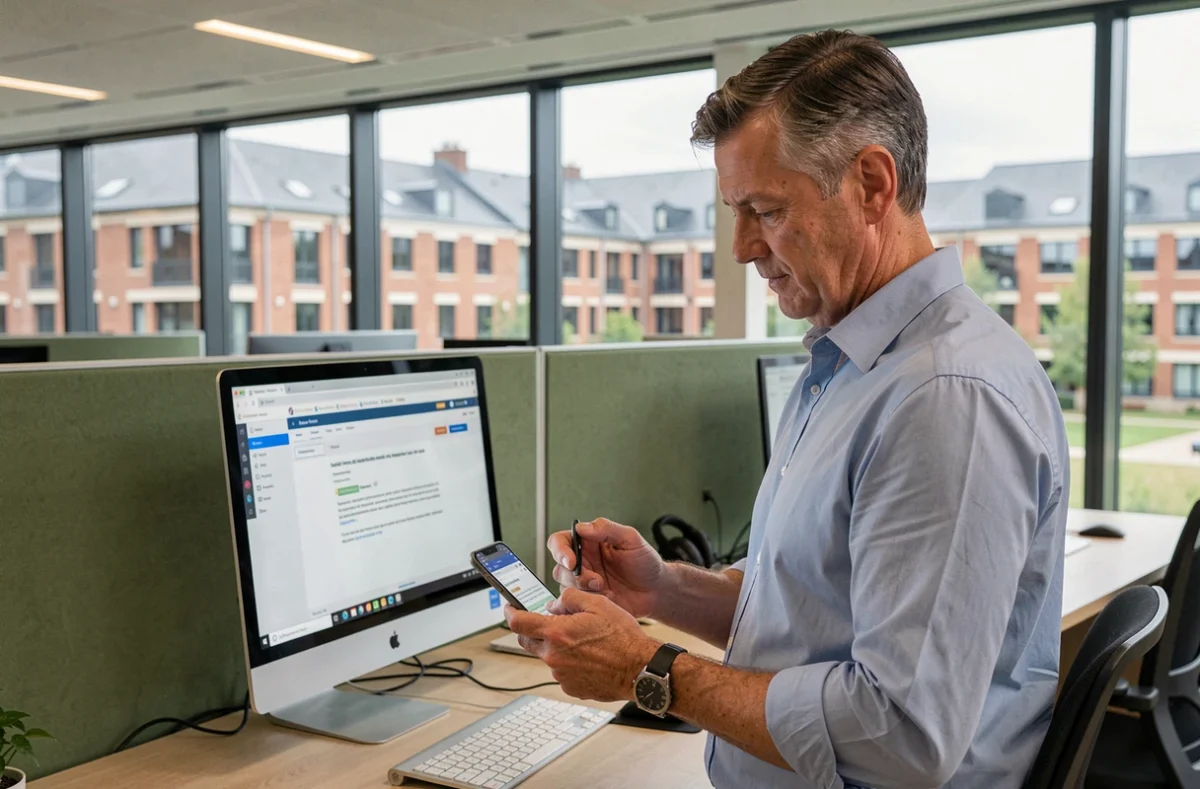 Administrateur éducatif consultant ses emails institutionnels sur smartphone dans un bureau académique moderne à Nantes