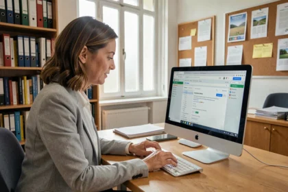 Enseignante utilisant un webmail académique sur ordinateur de bureau dans un bureau universitaire à Nantes