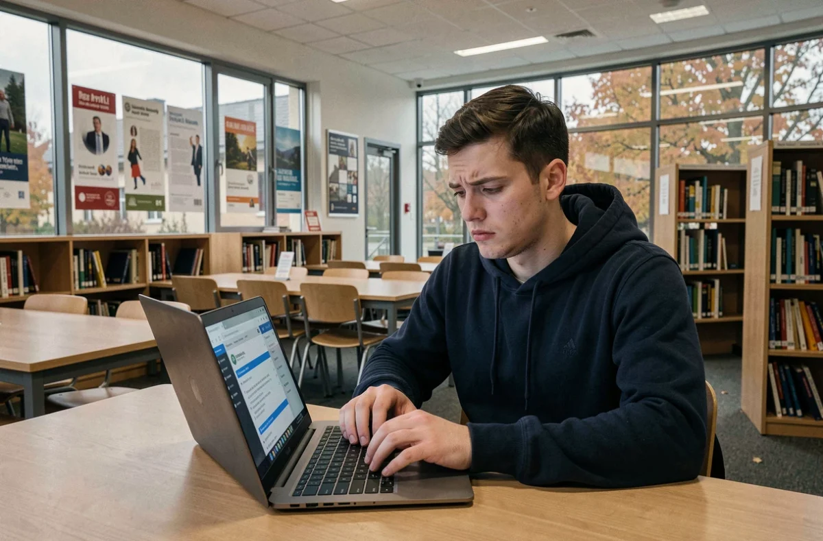 Étudiant consultant le webmail académique de Nantes sur un ordinateur portable dans une bibliothèque universitaire