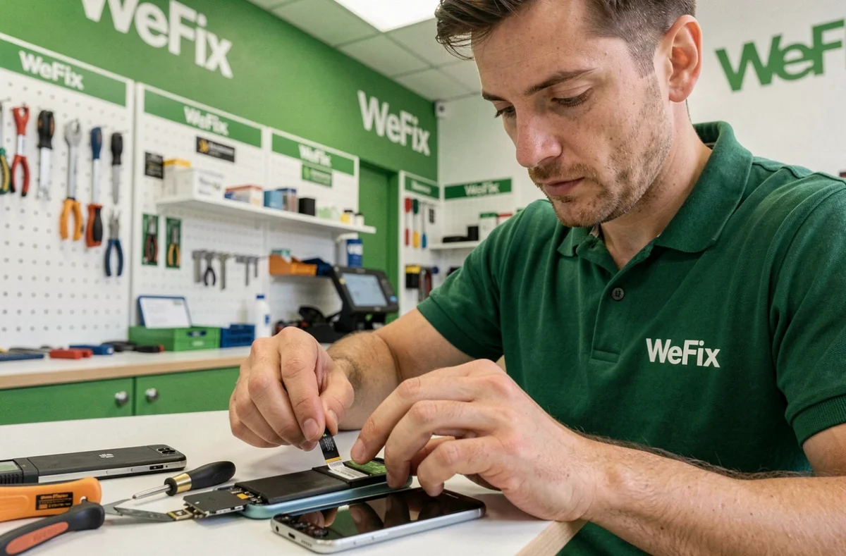 Technicien WeFix Nantes effectuant un remplacement de batterie sur un smartphone