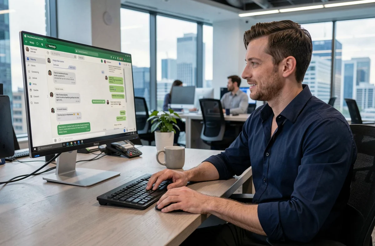 Homme consultant WhatsApp Web sur un grand écran d'ordinateur dans un bureau moderne en open space