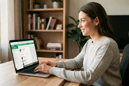 Femme utilisant WhatsApp Web sur un ordinateur portable dans un bureau à domicile moderne