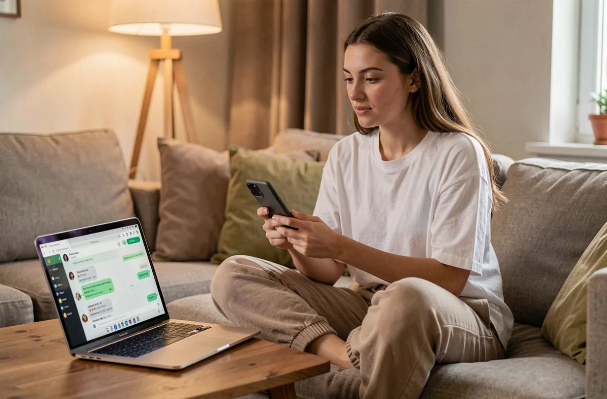 Jeune femme utilisant WhatsApp Web sur laptop sans tenir son téléphone dans un salon confortable